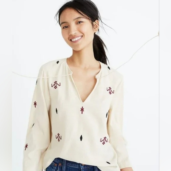 Madewell Embroidered  Top Raw Silk Noil Yarn Size Sm Beige Tribal Print Western - Picture 1 of 14
